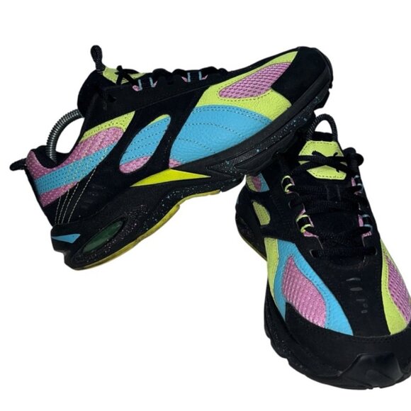 (24227) Puma Cell Sneakers Shoes Size 6.5C Black Suede Neon Green Pink Women's 8 - Picture 1 of 9